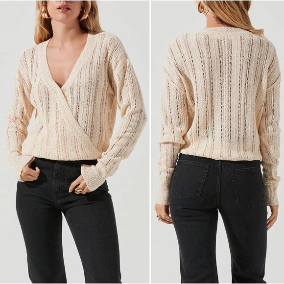 ASTR The Label Wrap Front Pointelle Knit Sweater Cream Large - Picture 1 of 13